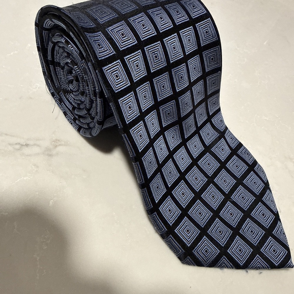 Joseph and Feiss Mens Silk Tie Blue  Squared Geometric Pattern 58"X 4"